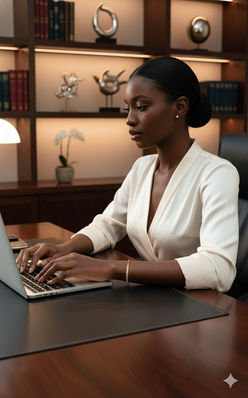 Woman working on a laptop at a desk in an office setting