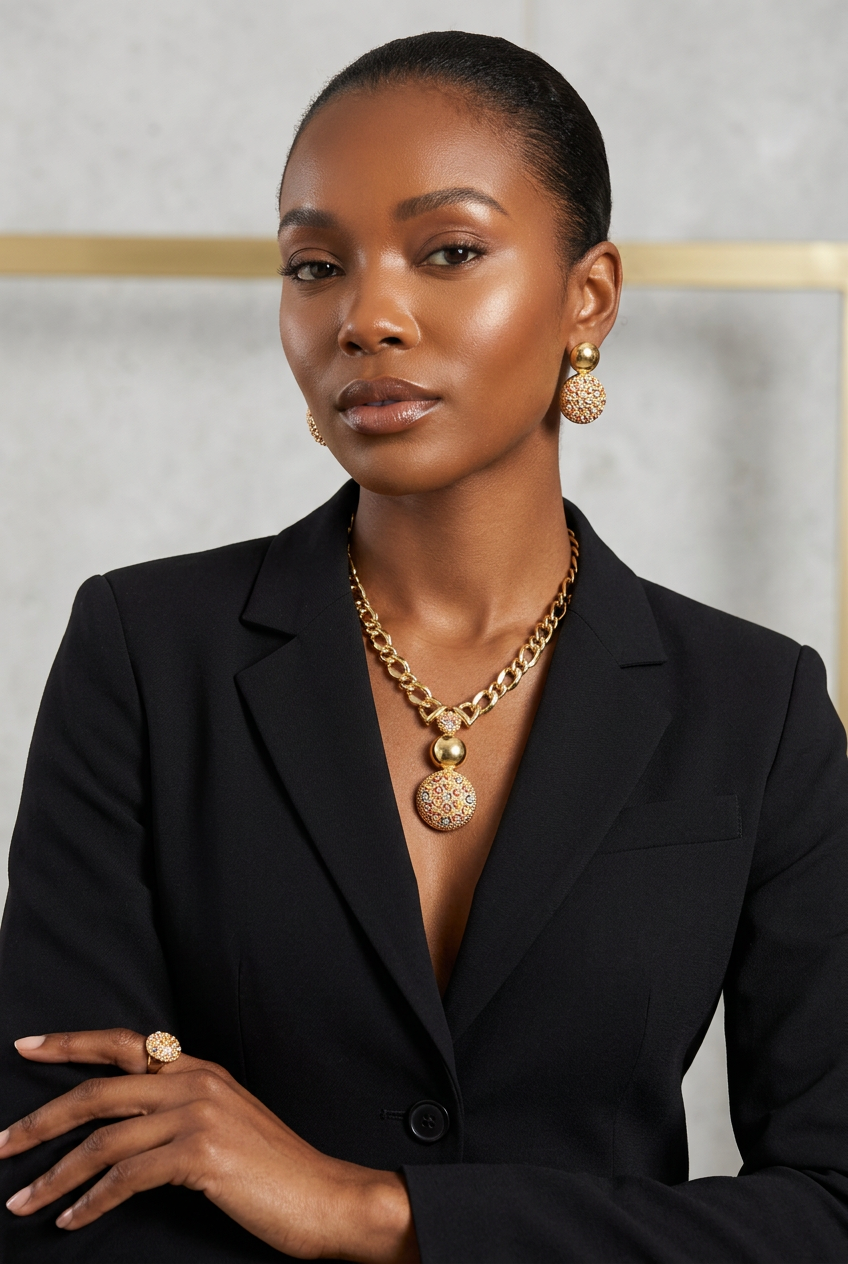 Gold jewelry set displayed on a black mannequin bust, including a chain necklace with a round rhinestone pendant, matching drop earrings, a bracelet, and a ring, all featuring gold metal and multicolored rhinestone details.