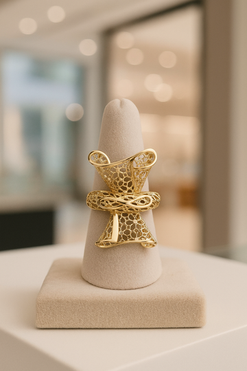Gold ring on a white stand with a blurred background