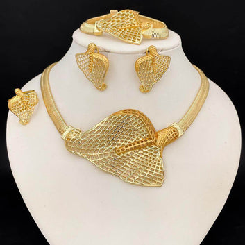 Golden Majesty Mesh Jewelry Set – 18K Gold-Plated Necklace, Earrings, Bangle & Ring | Elegant Statement Set for Women