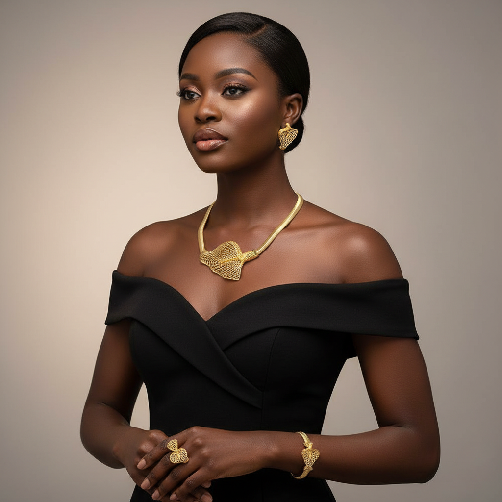 Woman wearing a black off-shoulder dress with gold jewelry against a neutral background