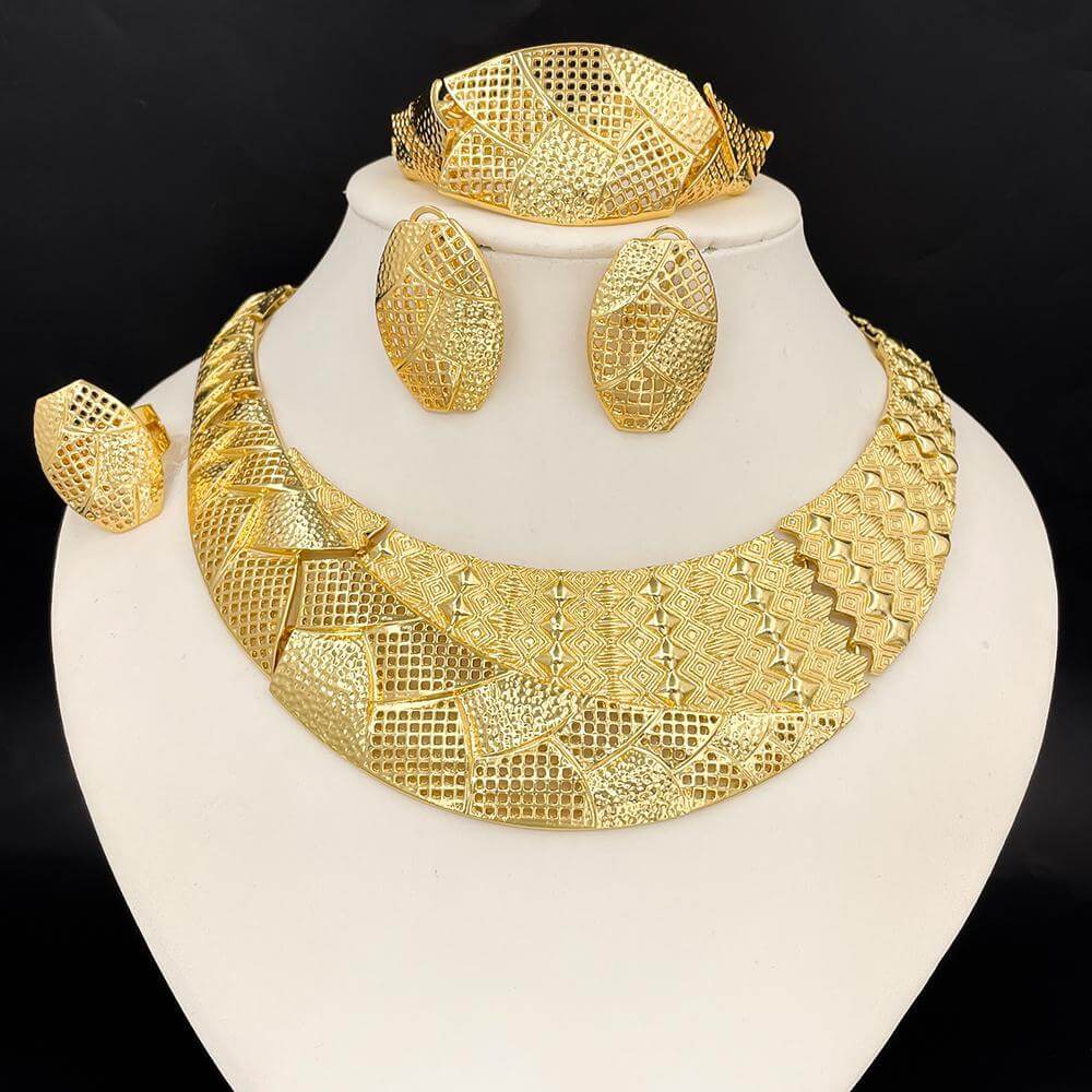 Zariel Geometric Luxe Gold Jewelry Set – 18K Gold-Plated Necklace, Earrings, Bracelet & Ring | Statement Wedding & Party Set