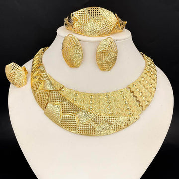 Zariel Geometric Luxe Gold Jewelry Set – 18K Gold-Plated Necklace, Earrings, Bracelet & Ring | Statement Wedding & Party Set