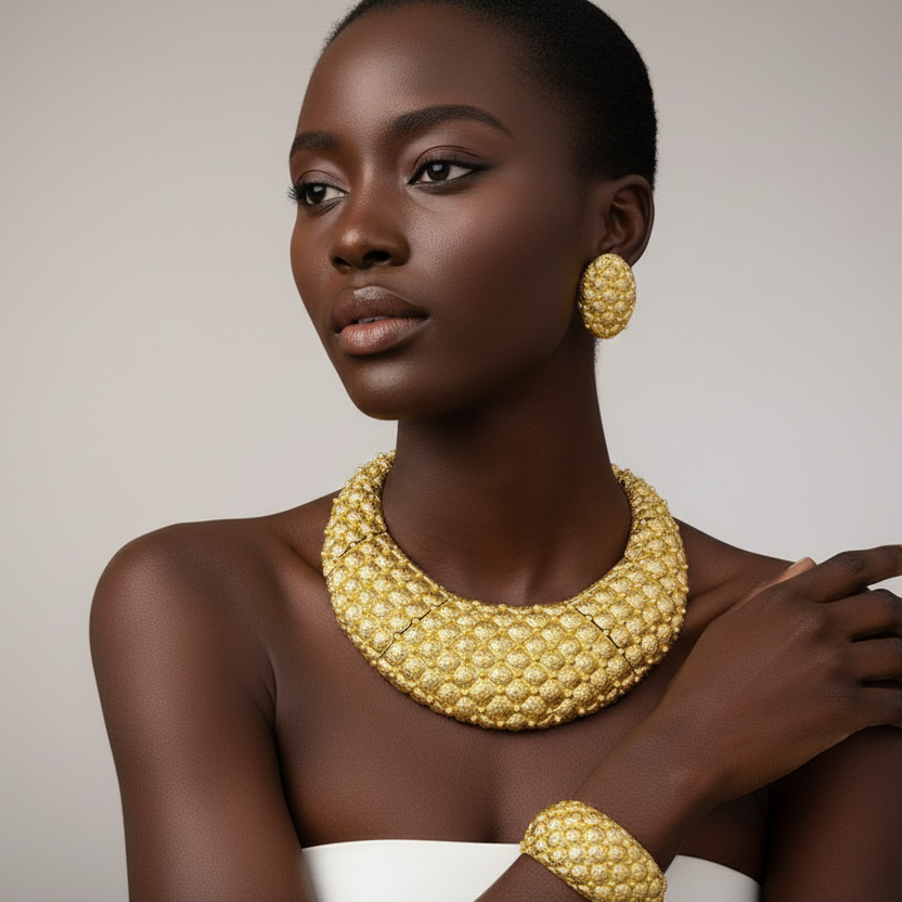 Woman wearing gold jewelry including a necklace, earrings, and bracelet against a neutral background