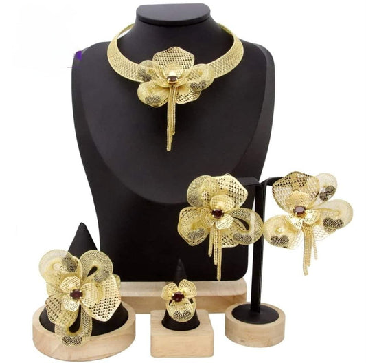 24K Gold Plated Luxury Floral Mesh Jewelry Set - Necklace, Earrings, Bangle & Ring | Elegant African & Dubai Style Statement Pieces – FancyDaria