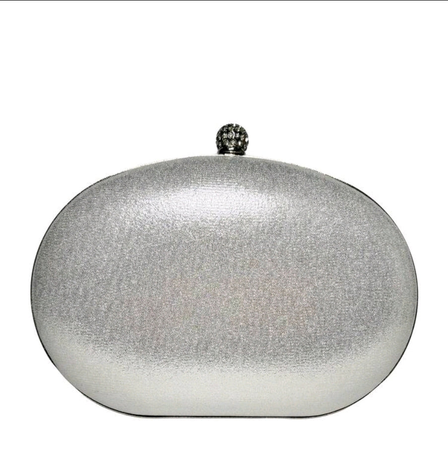Silver metallic clutch bag with a decorative clasp on a white background