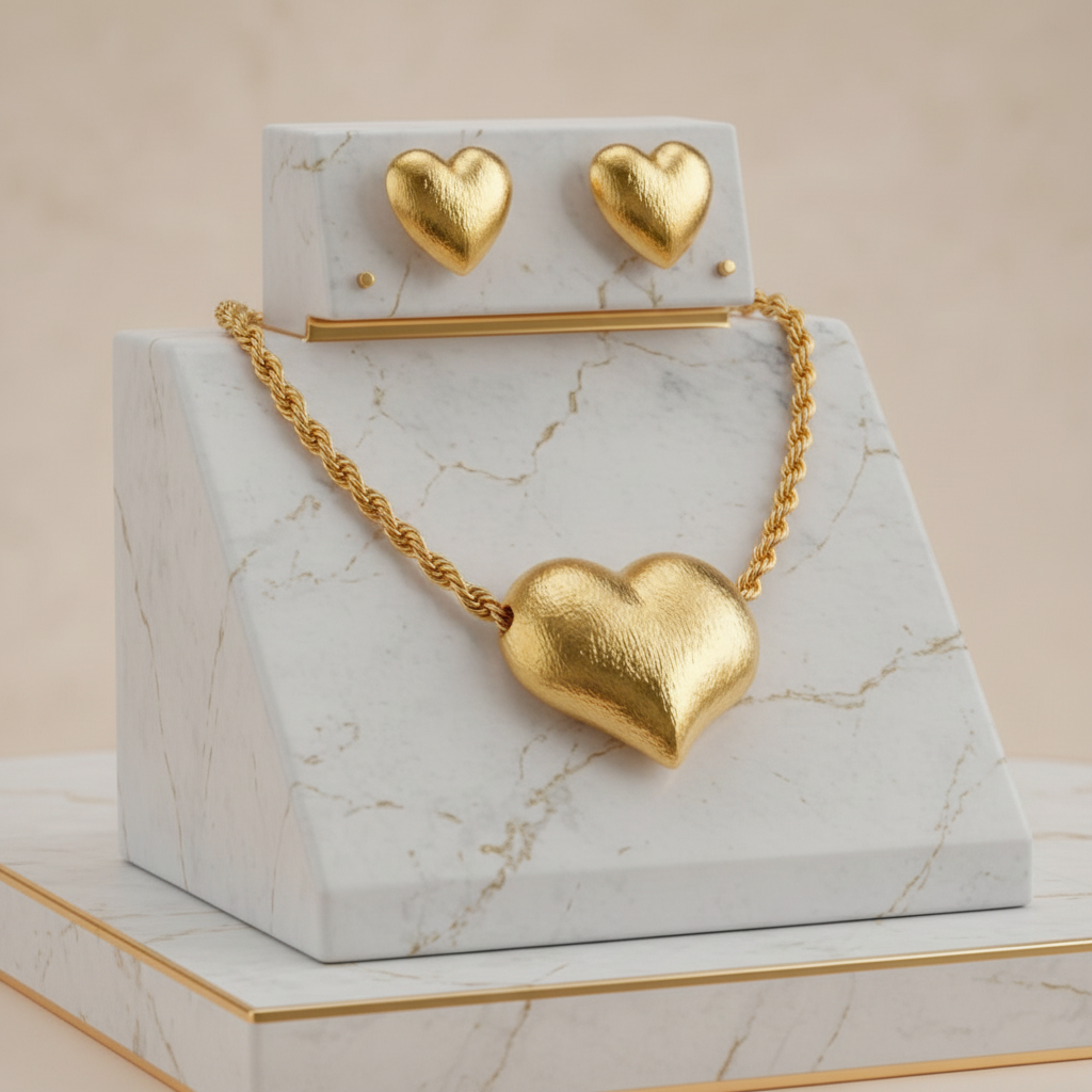 A matte gold jewelry set featuring a large 3D puff heart pendant on a chunky rope chain necklace, displayed alongside matching heart stud earrings on a premium black marbled stand.