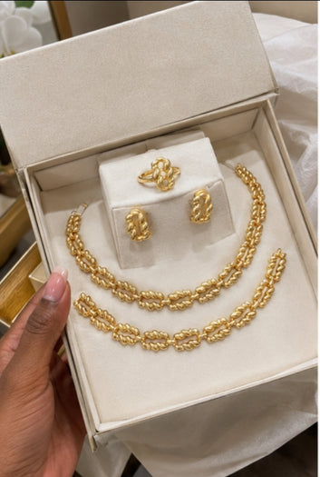 Ewa Classic Twisted Knot Gold Jewelry Set, 4 Piece Necklace Bracelet Earrings Ring for Women
