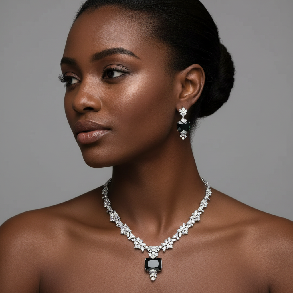 Jewelry set with necklace and earrings on a black female against a dark background