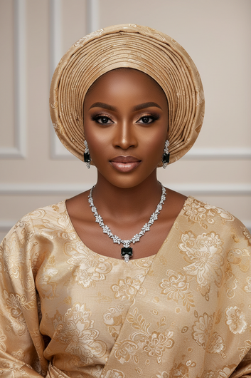 Woman wearing a traditional outfit with a headwrap and jewelry against a neutral background