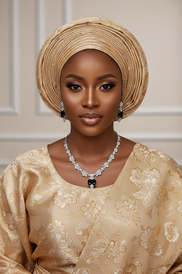 Woman wearing a traditional outfit with a headwrap and jewelry against a neutral background