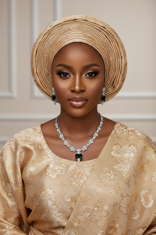 Woman wearing a traditional outfit with a headwrap and jewelry against a neutral background