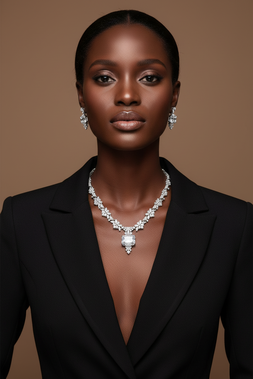 Woman wearing a black blazer and diamond jewelry against a brown background