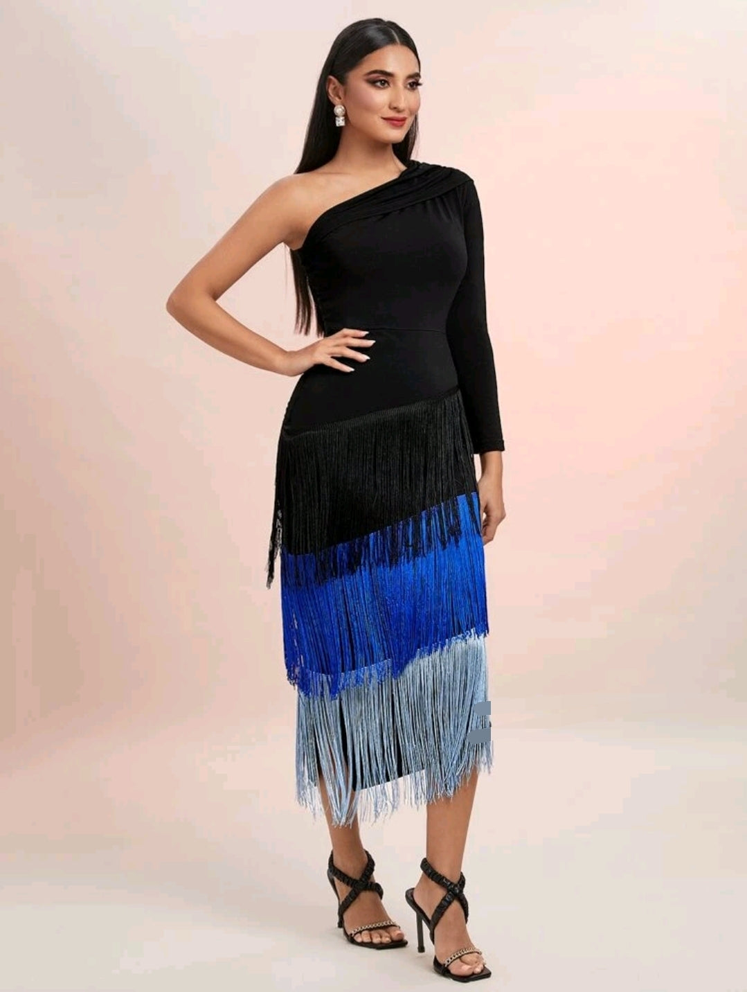 One Shoulder Fringe Hem Colorblock Dress image 2