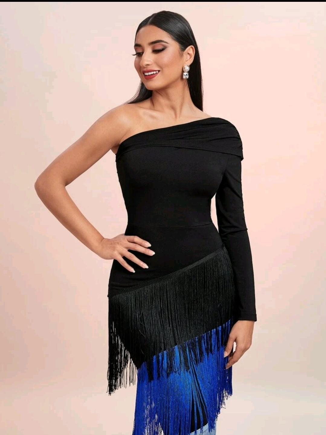 One Shoulder Fringe Hem Colorblock Dress image 4