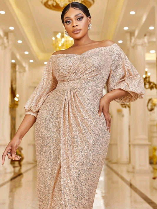 Lantern Sleeve Sequin Gold Dress