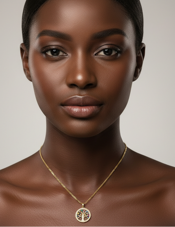 Woman wearing a gold necklace with a pendant against a neutral background