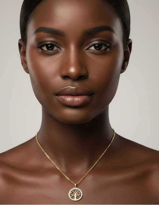Woman wearing a gold necklace with a pendant against a neutral background