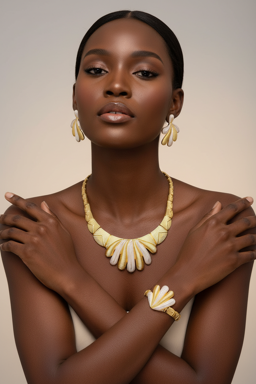 Woman wearing gold jewelry against a neutral background