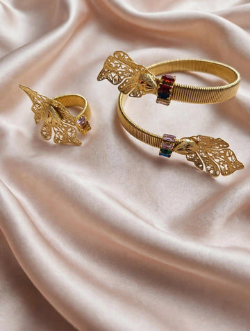 Kikelomo Filigree Coil Bangle and Ring Set for Women, Butterfly Flower and Leaf Bracelet Sets