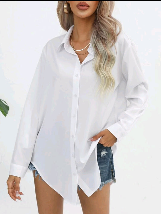 Solid Button Front Roll Up Sleeve Curved Hem Shirt