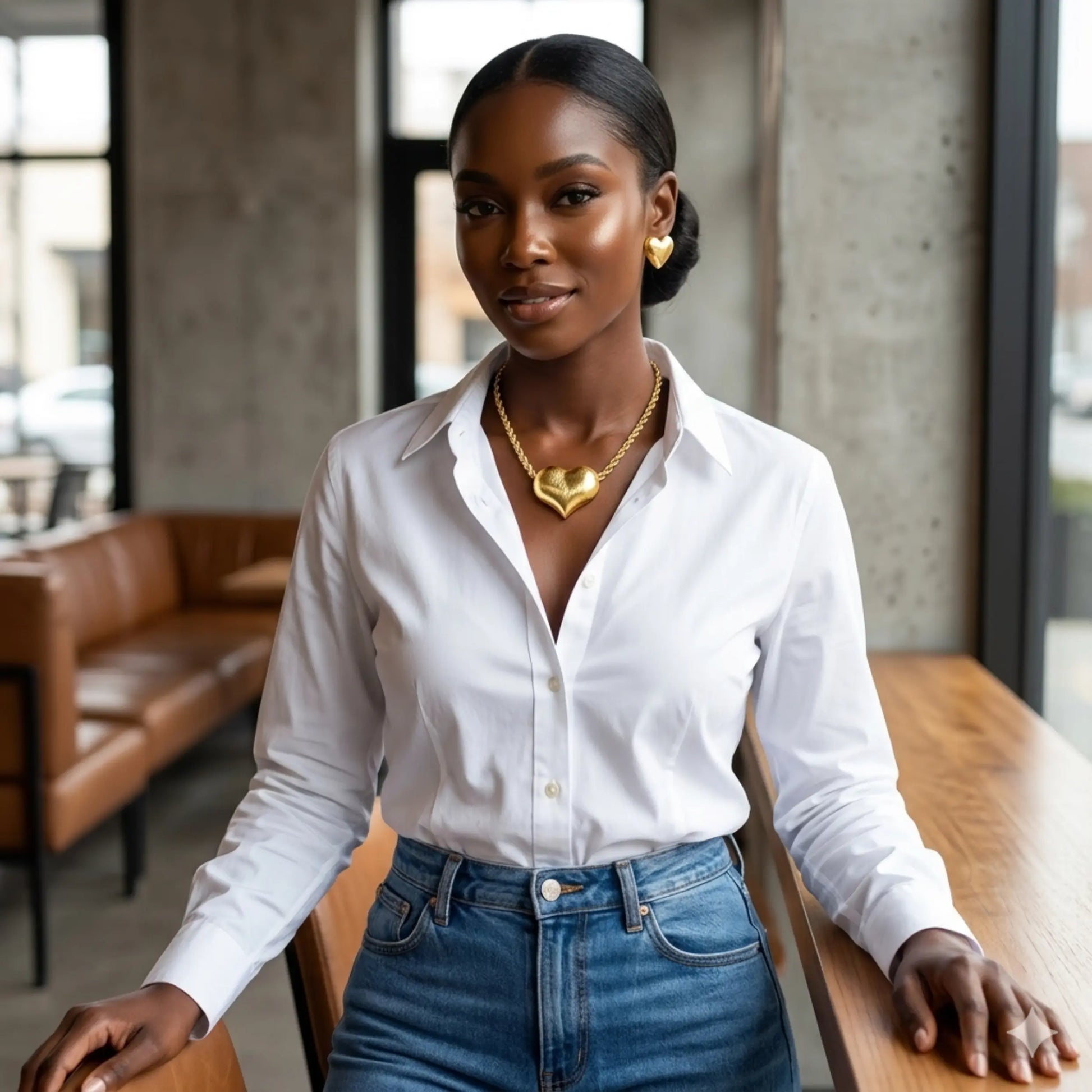 A matte gold jewelry set featuring a large 3D puff heart pendant on a chunky rope chain necklace, on a black female model