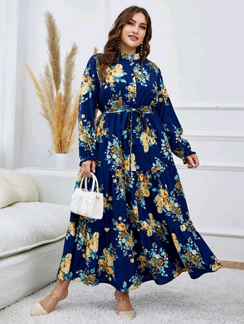 Floral Print Ruffle Hem Belted Dress