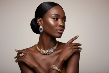 Woman wearing jewelry with a neutral background