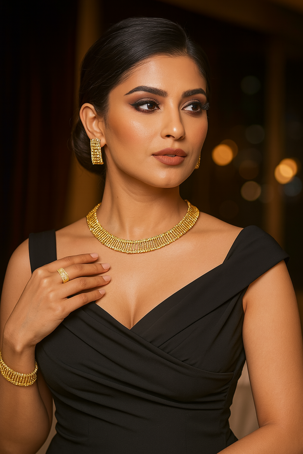 Woman wearing gold jewelry against a blurred background