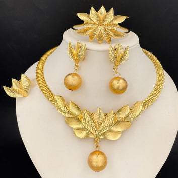 Adunlola 18k Gold Plated Jewelry Set – Leaf Pattern Necklace, Bracelet & Earring