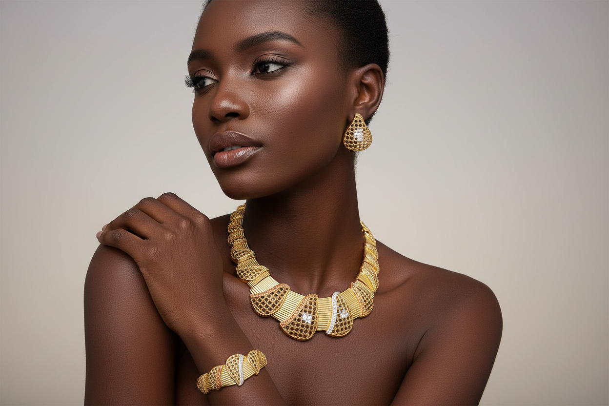 Woman wearing gold jewelry against a neutral background