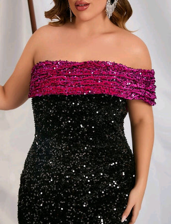 Off Shoulder Ruffle Trim Mermaid Hem Sequin Dress