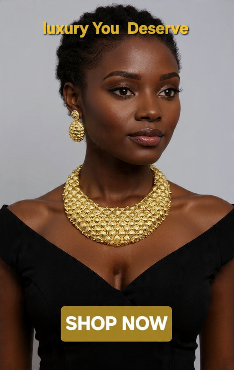 Woman wearing gold jewelry with 'luxury You Deserve' text and 'SHOP NOW' button.