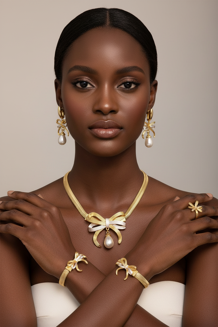 Woman wearing gold jewelry with a neutral background