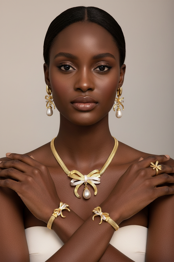 Woman wearing gold jewelry with a neutral background