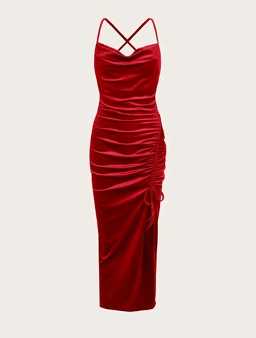Solid Drawstring Ruched Velvet Dress image 0