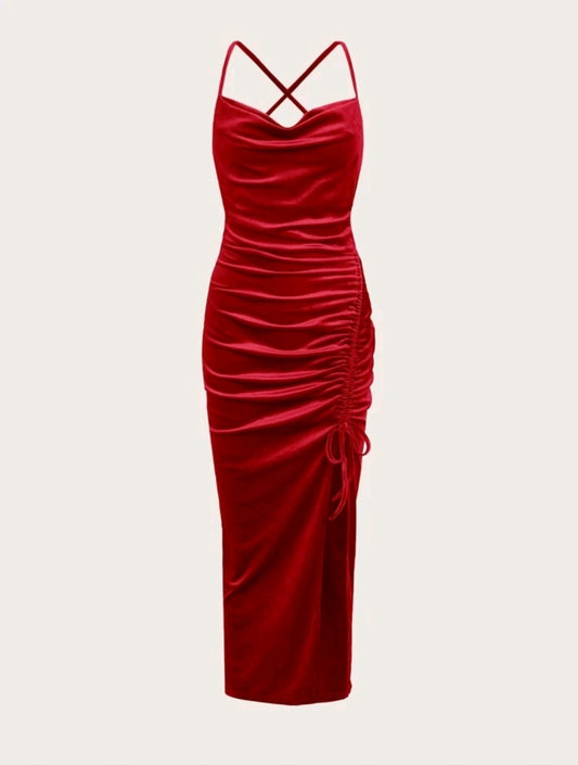 Solid Drawstring Ruched Velvet Dress