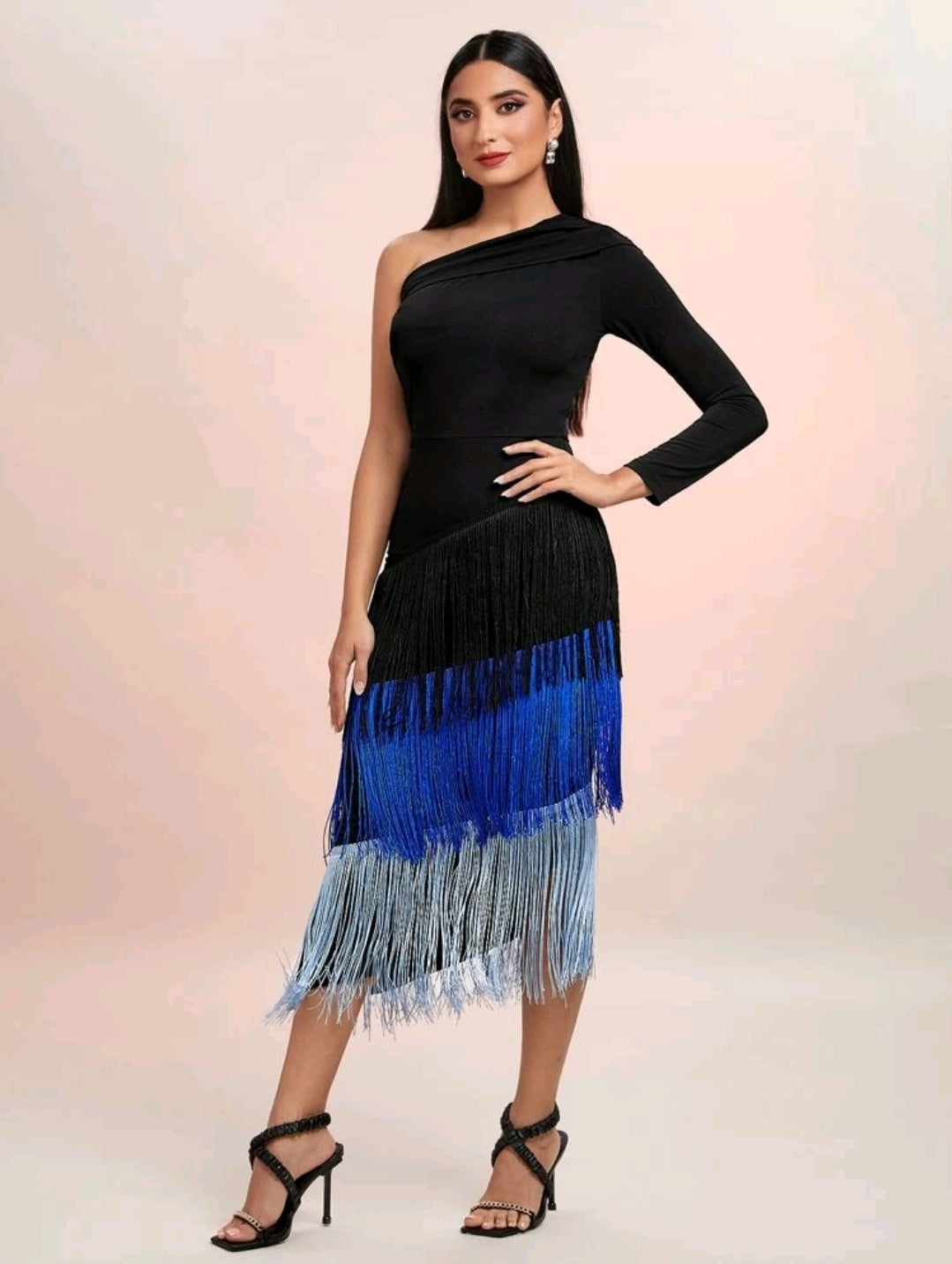 One Shoulder Fringe Hem Colorblock Dress image 3