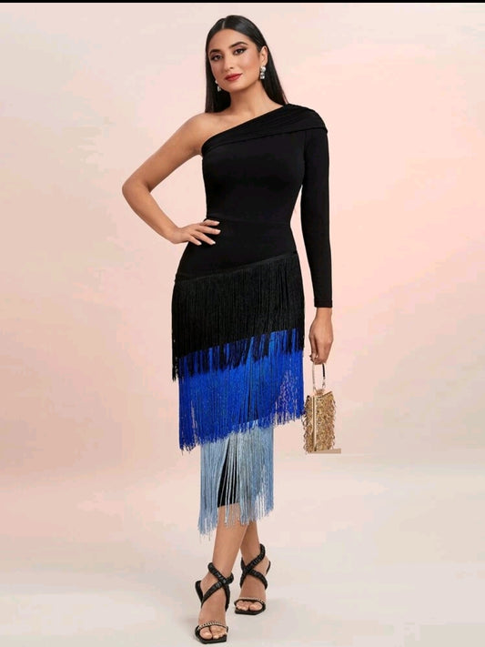 One Shoulder Fringe Hem Colorblock Dress