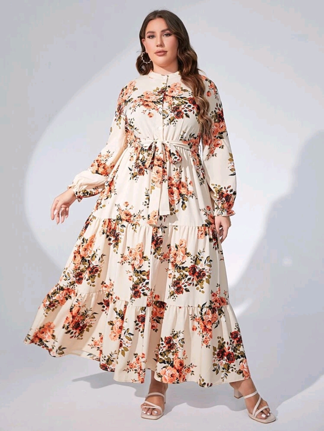 Floral Print Ruffle Hem Belted Dress image 0