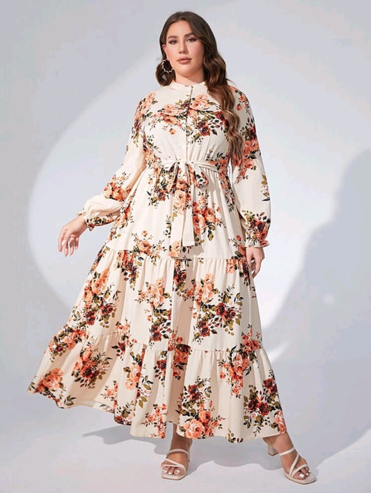 Floral Print Ruffle Hem Belted Dress