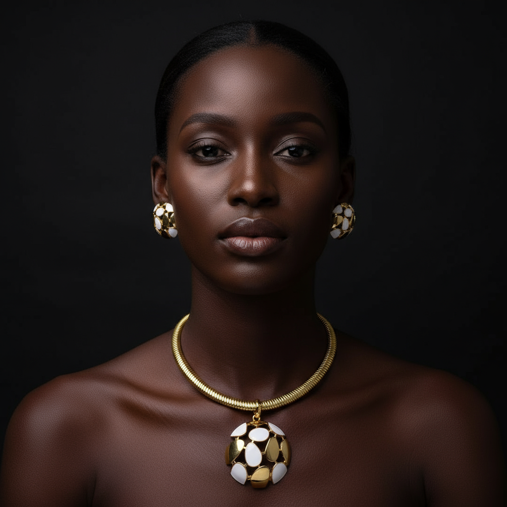 Woman wearing a gold necklace and earrings against a dark background