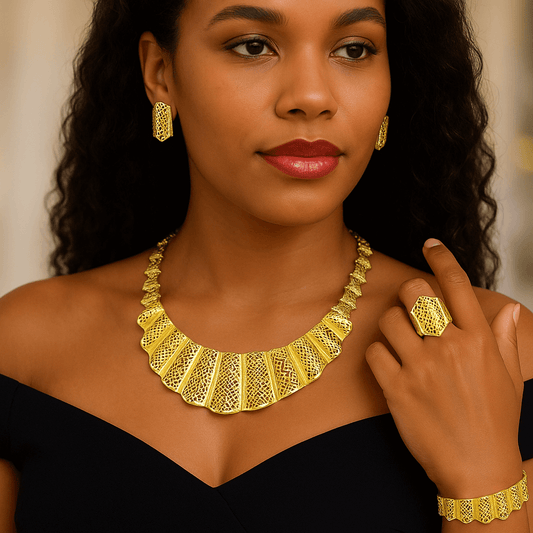 Ola Majestic Radiance Set – 18K Gold-Plated Filigree Necklace, Earrings, Ring & Bracelet