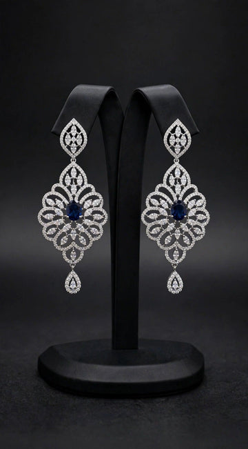 Oluchi Crystal Filigree Drop Earrings for Women, Blue Stone Silver Chandelier Earrings