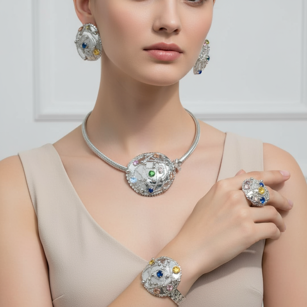 Woman wearing a silver jewelry set with a necklace, ring, and bracelet on a neutral background
