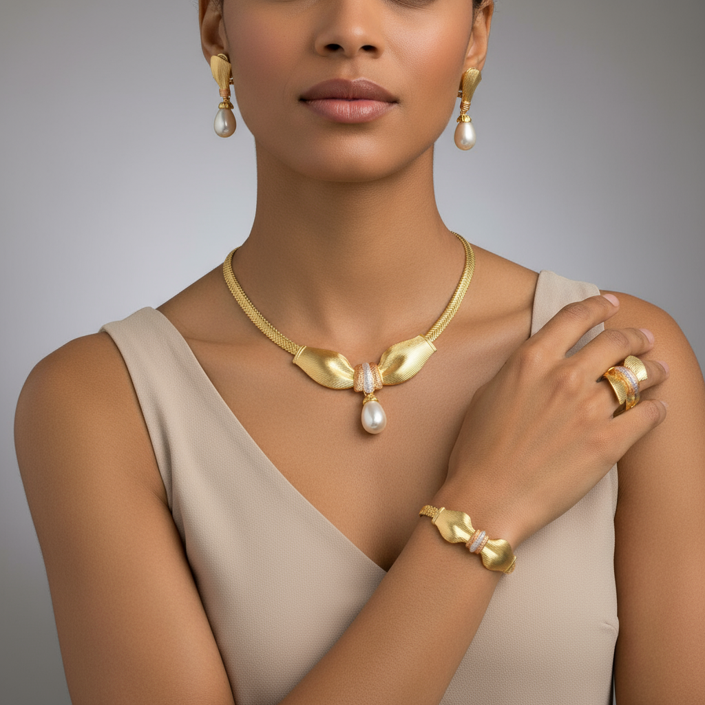 Woman wearing gold jewelry including a necklace, earrings, and bracelet on a neutral background