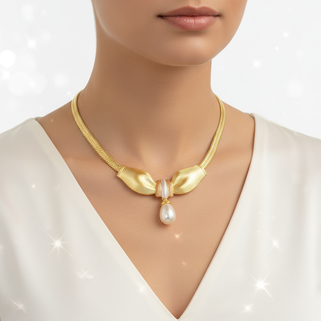 Gold necklace with a pearl pendant on a mannequin wearing a white dress.