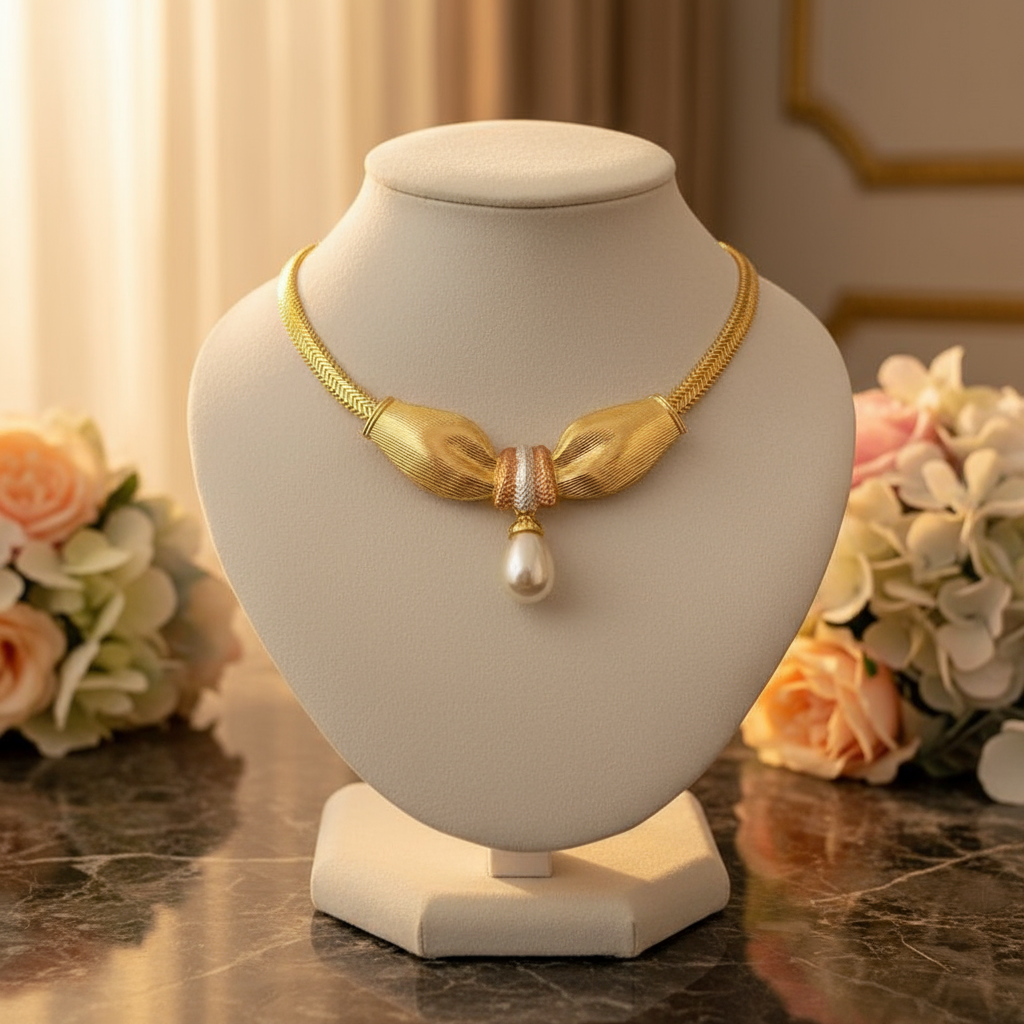 Gold necklace with a pearl pendant on a white mannequin bust with flowers in the background
