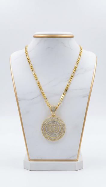 18K gold plated iced out circle medallion pendant figaro chain necklace unisex jewelry Fancy Daria