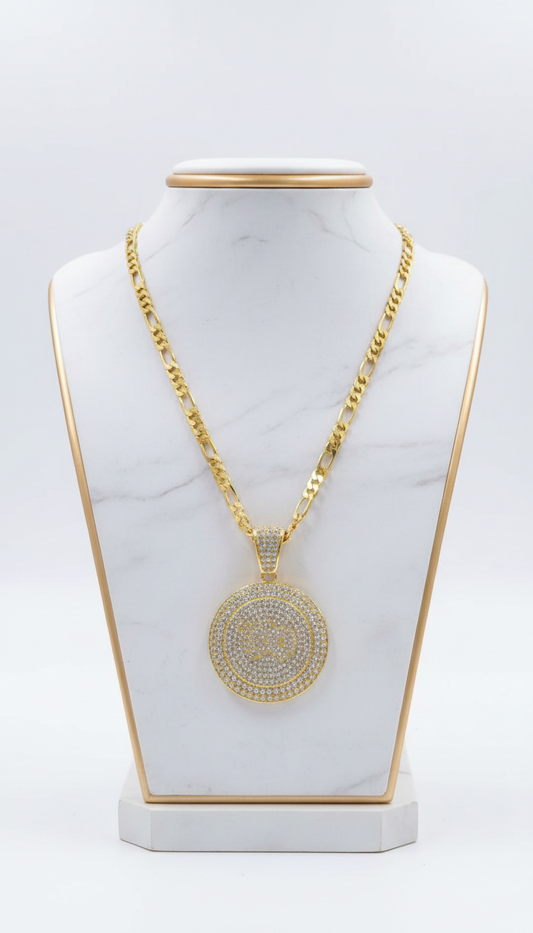 18K gold plated iced out circle medallion pendant figaro chain necklace unisex jewelry Fancy Daria